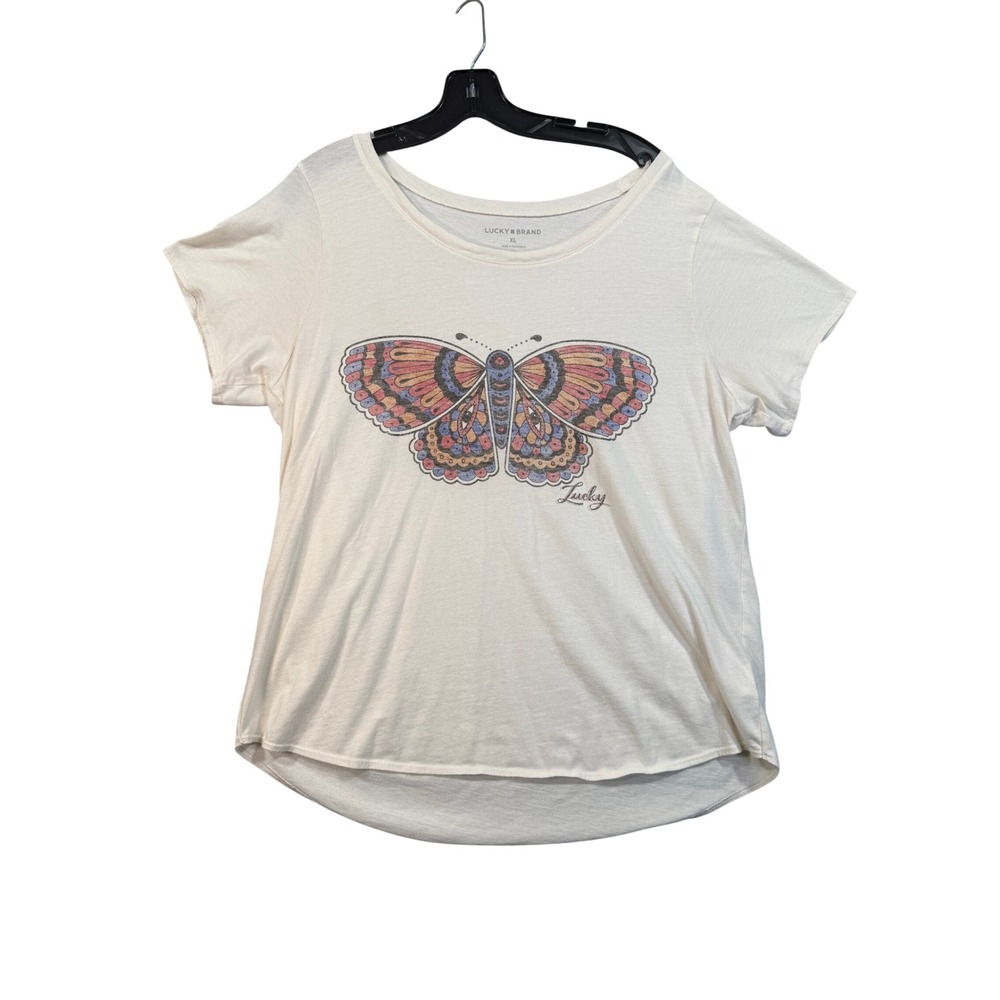 Lucky Brand Graphic Tee XL Cream Butterfly Print Boho Top Nature Whimsical Soft